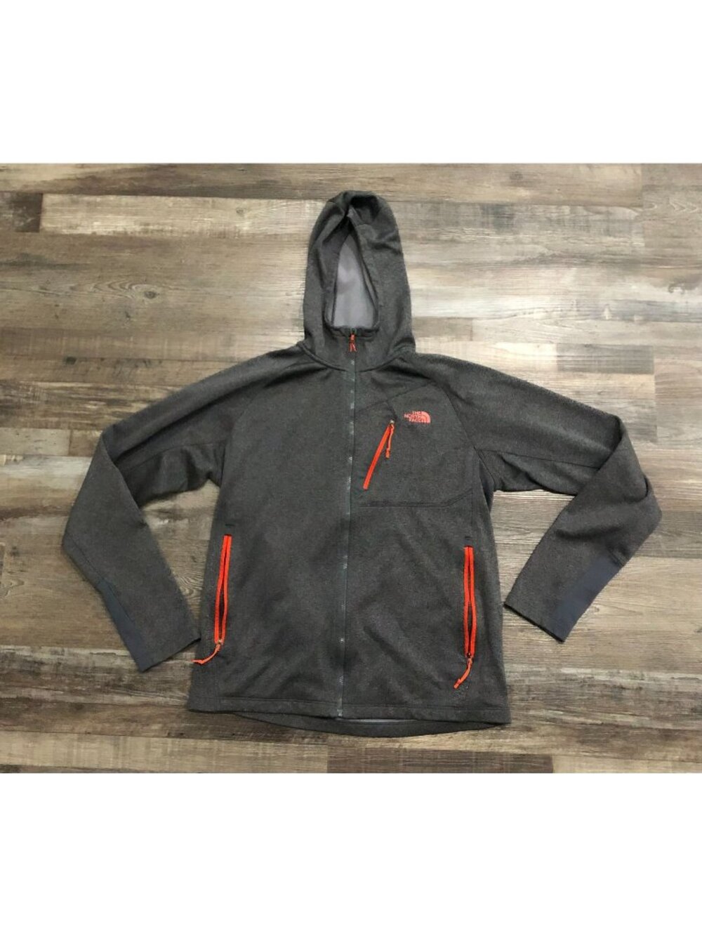 The North Face Mens Medium Gray with Neon Orange Full Zip Hooded Fleece Jacket